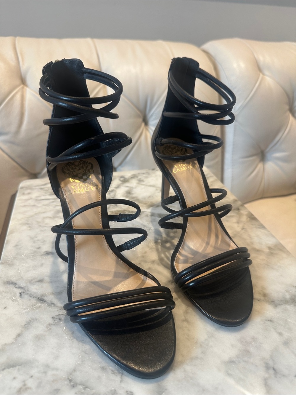 Vince Camuto - Black genuine leather Multi-Strap Stiletto Sandals